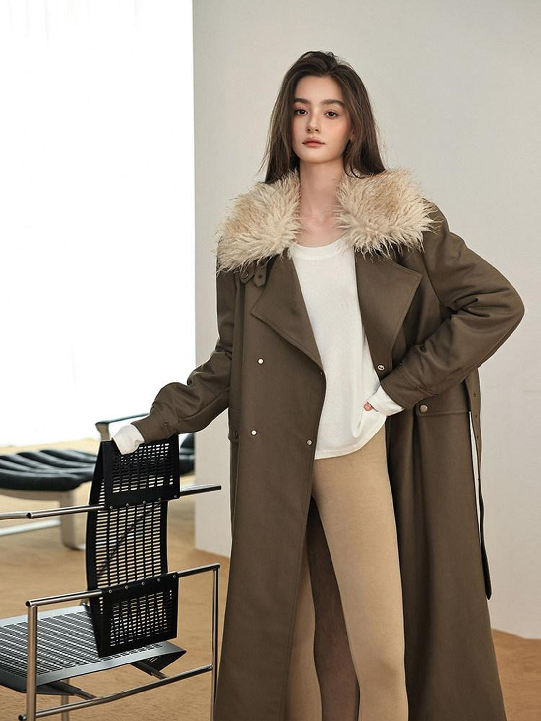 FU FRESH UP Retro Fur Collar Patchwork Waist Tie Women&