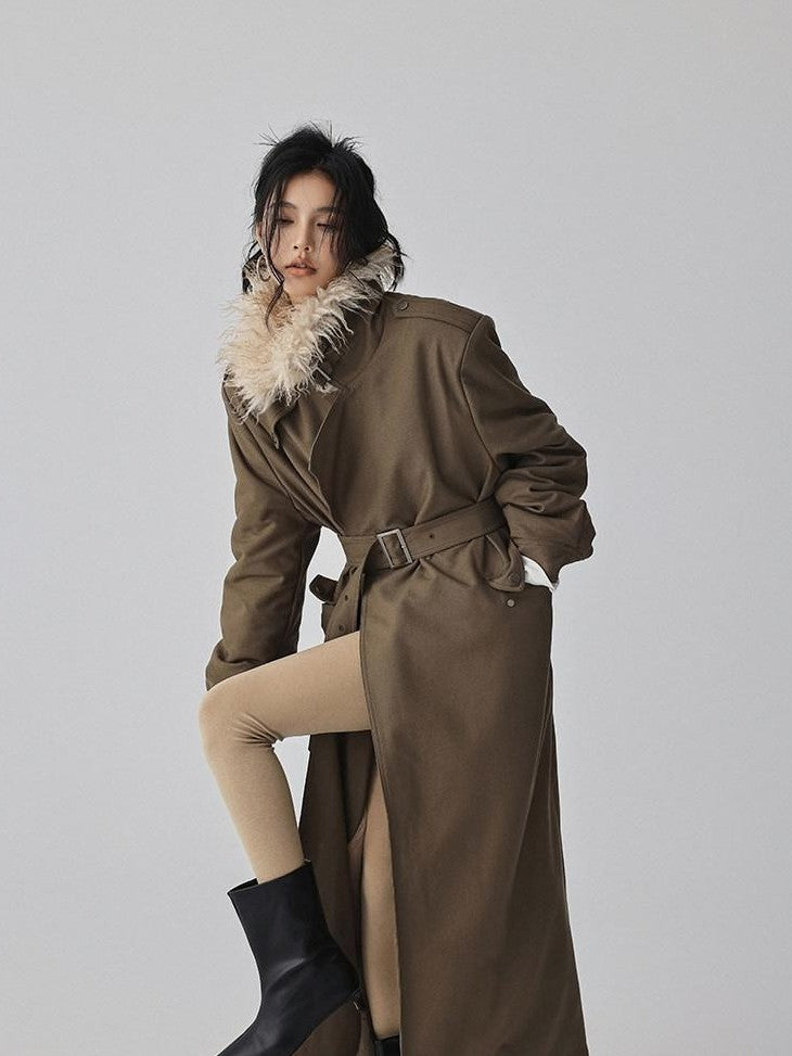 FU FRESH UP Retro Fur Collar Patchwork Waist Tie Women&