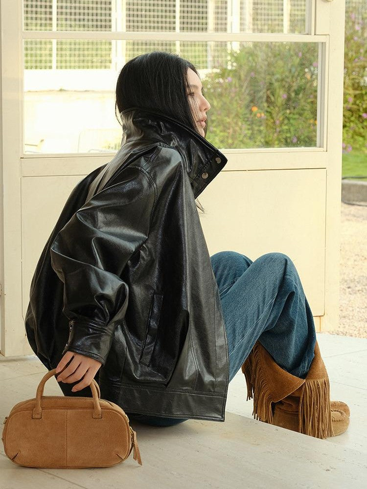 FU FRESH UP Retro Ribbed Panel Stand Collar Loose Fit Biker Women&