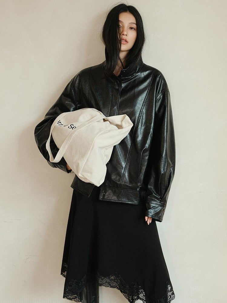 FU FRESH UP Retro Ribbed Panel Stand Collar Loose Fit Biker Women&
