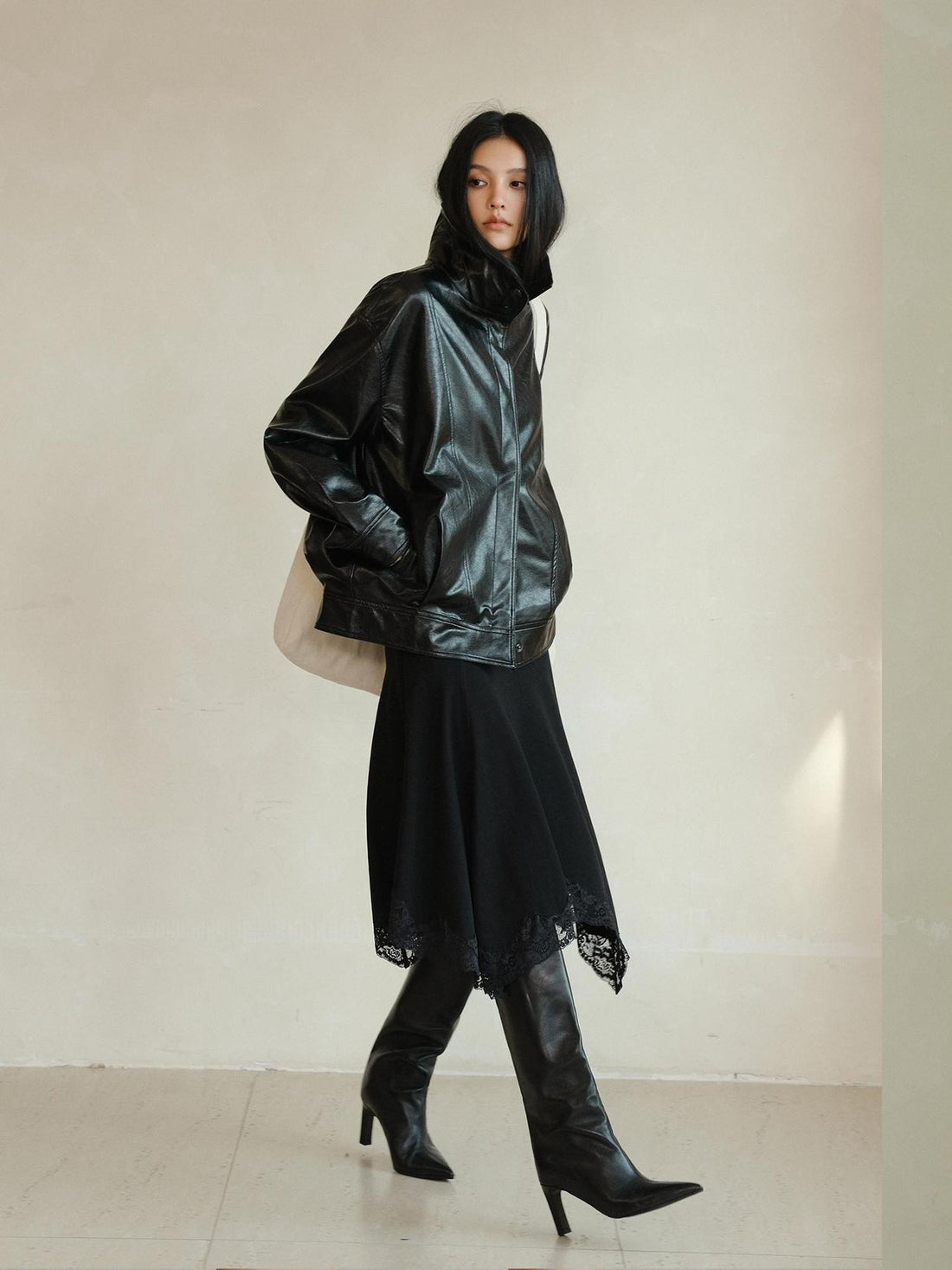 FU FRESH UP Retro Ribbed Panel Stand Collar Loose Fit Biker Women&