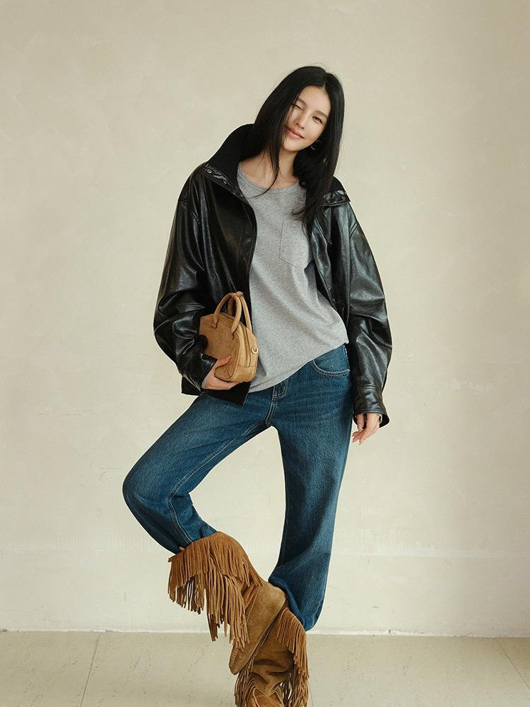 FU FRESH UP Retro Ribbed Panel Stand Collar Loose Fit Biker Women&