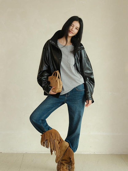 FU FRESH UP Retro Ribbed Panel Stand Collar Loose Fit Biker Women&