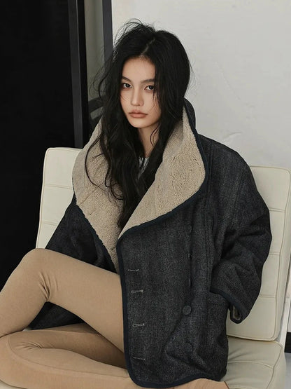 Retro Wool Collar Denim Jacket