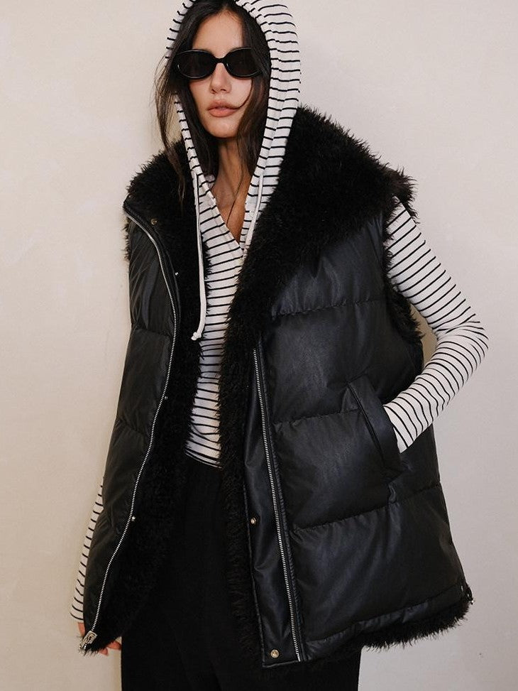 FU FRESH UP Reversible Pu Leather Vest Stand Collar Women&