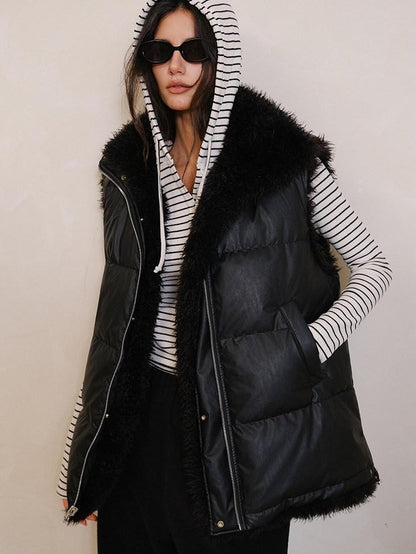 FU FRESH UP Reversible Pu Leather Vest Stand Collar Women&