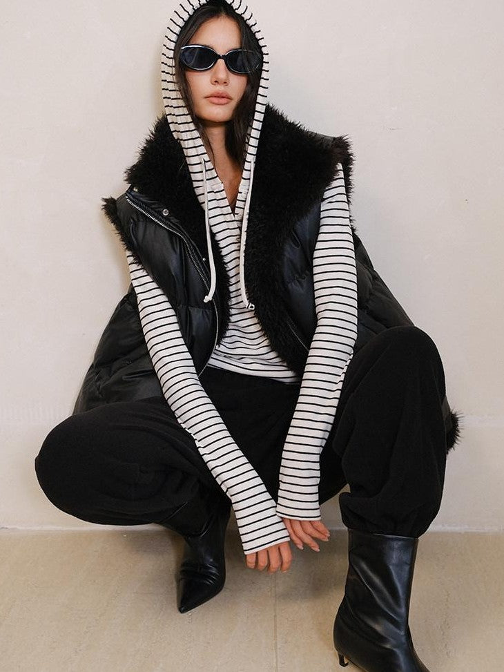 FU FRESH UP Reversible Pu Leather Vest Stand Collar Women&