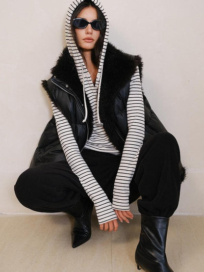 FU FRESH UP Reversible Pu Leather Vest Stand Collar Women&