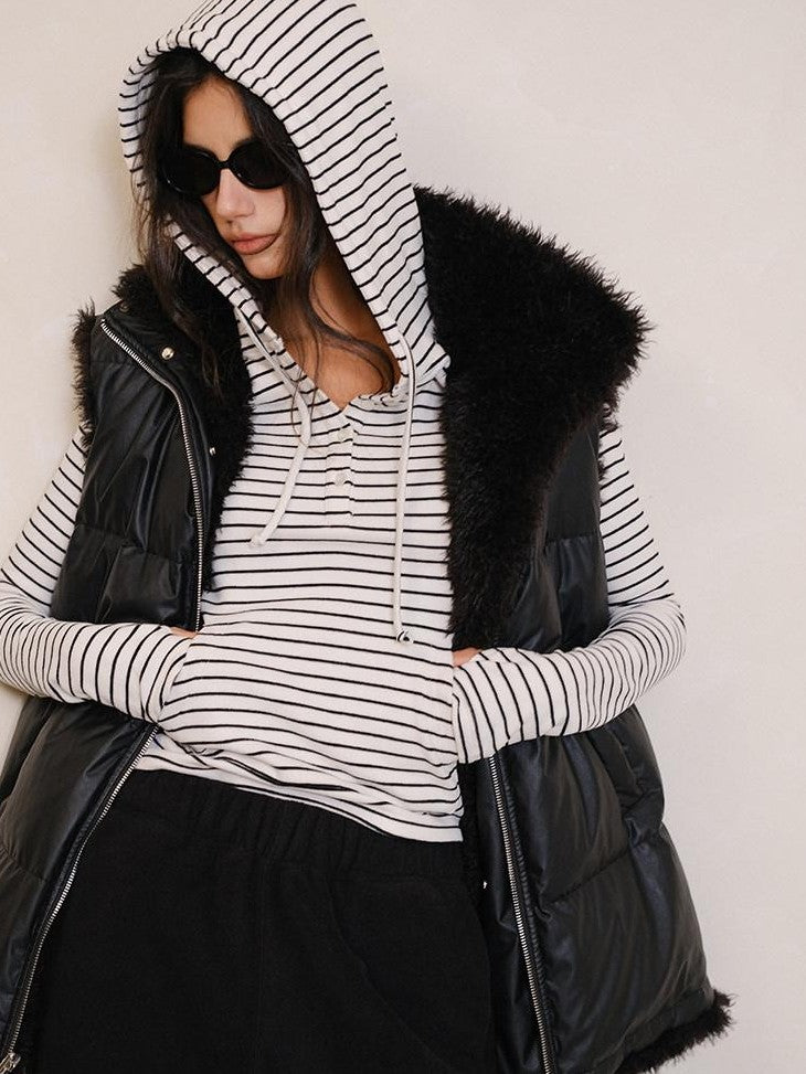 FU FRESH UP Reversible Pu Leather Vest Stand Collar Women&