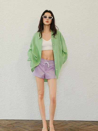 FU FRESH UP Satin Finish Nylon Colorblock Drawstring Mid Waist Slim Women&