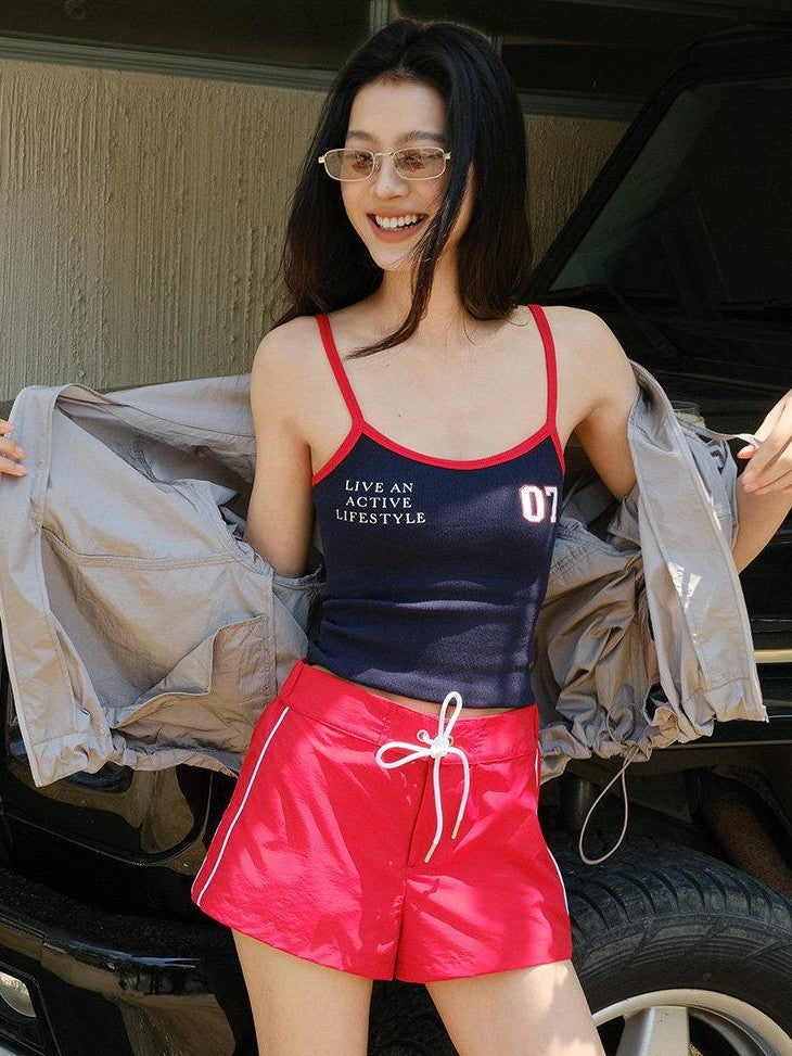 FU FRESH UP Satin Finish Nylon Colorblock Drawstring Mid Waist Slim Women&