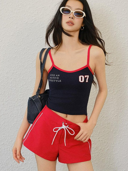 FU FRESH UP Satin Finish Nylon Colorblock Drawstring Mid Waist Slim Women&