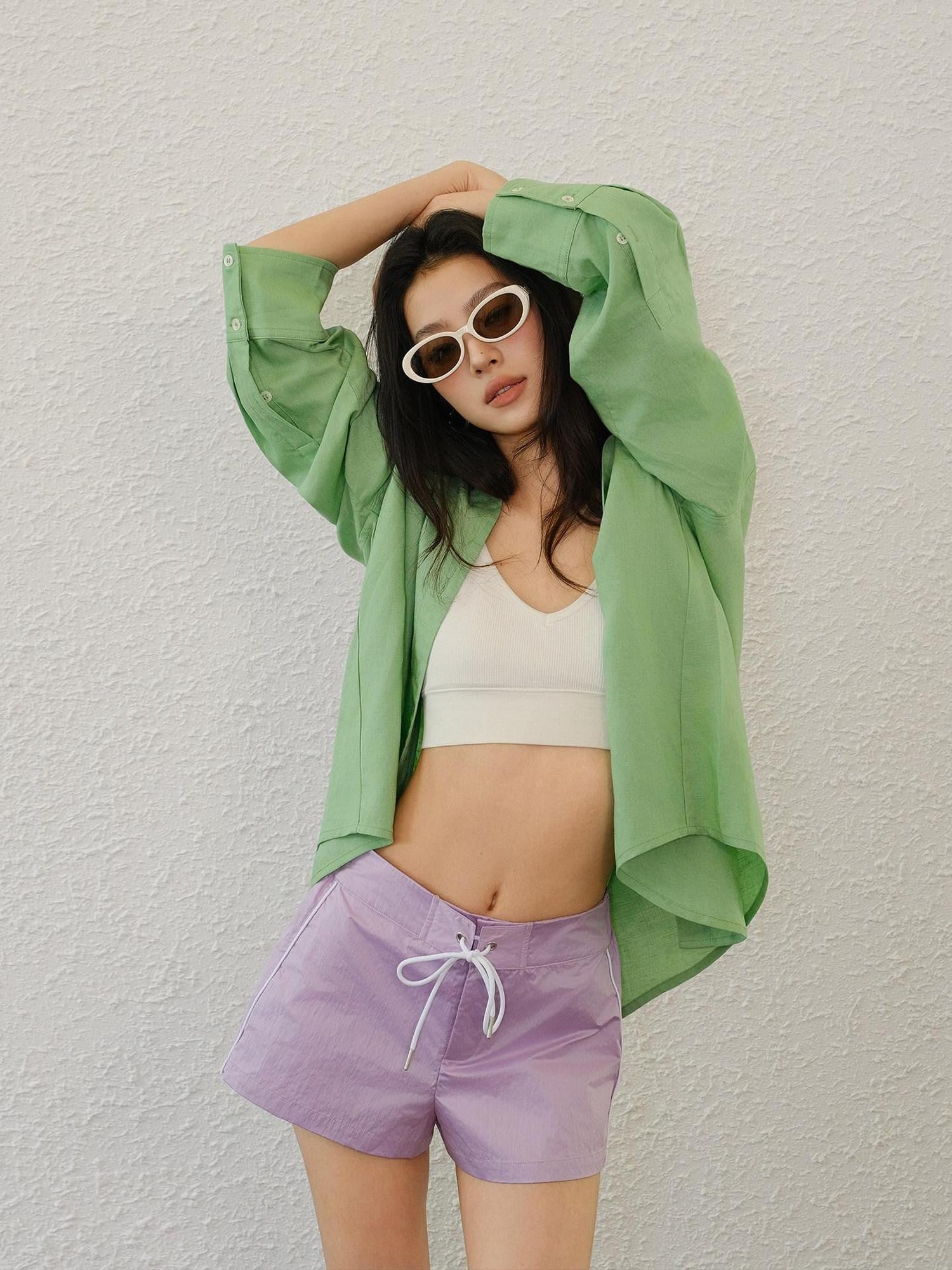 FU FRESH UP Satin Finish Nylon Colorblock Drawstring Mid Waist Slim Women&