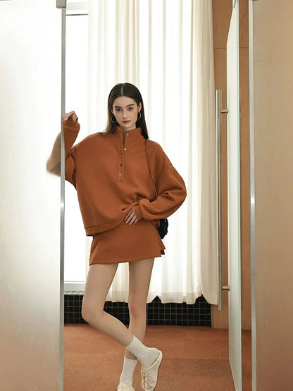 FU FRESH UP Semi High Neck Button Down Collar Sweatshirt Shorts Set