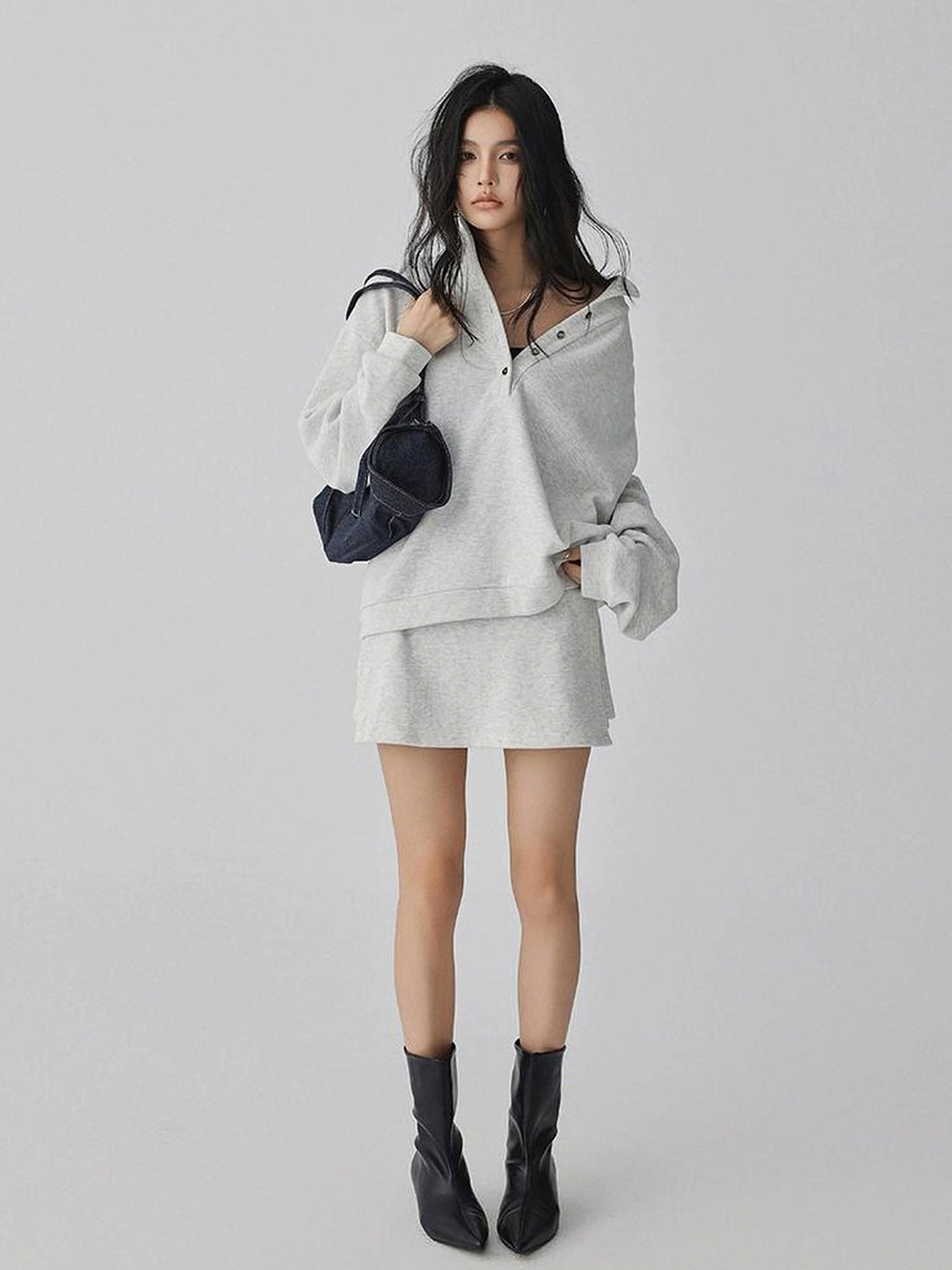 FU FRESH UP Semi High Neck Button Down Collar Sweatshirt Shorts Set