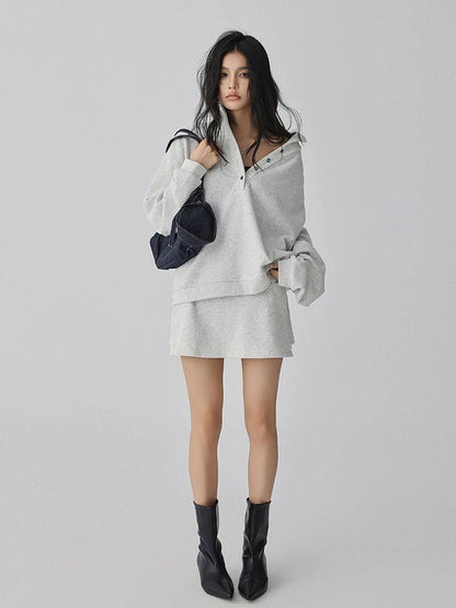 FU FRESH UP Semi High Neck Button Down Collar Sweatshirt Shorts Set