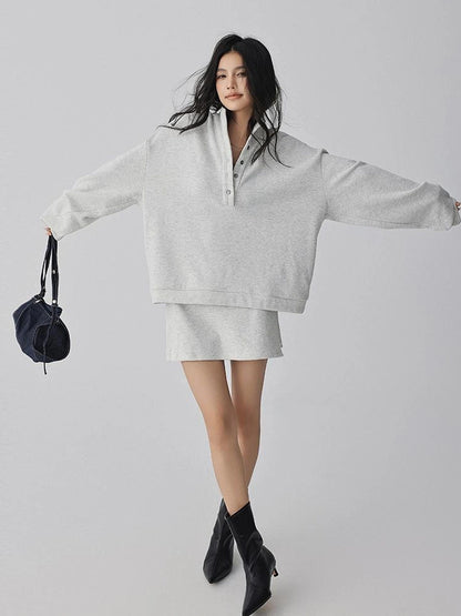 FU FRESH UP Semi High Neck Button Down Collar Sweatshirt Shorts Set