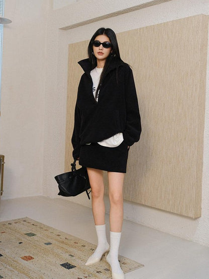 FU FRESH UP Sherpa Fleece High Neck Half Zip High Waist Women&