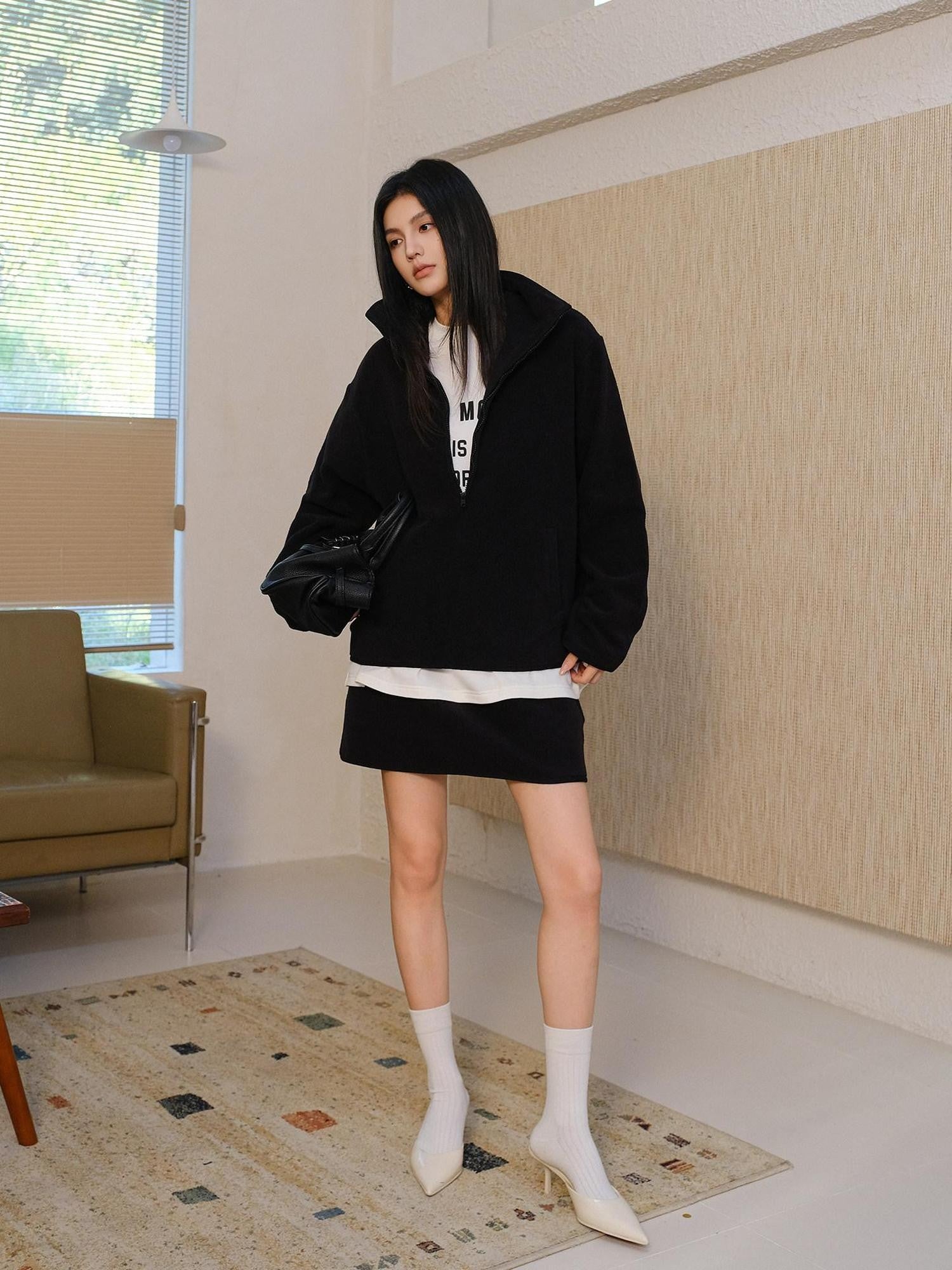 FU FRESH UP Sherpa Fleece High Neck Half Zip High Waist Women&