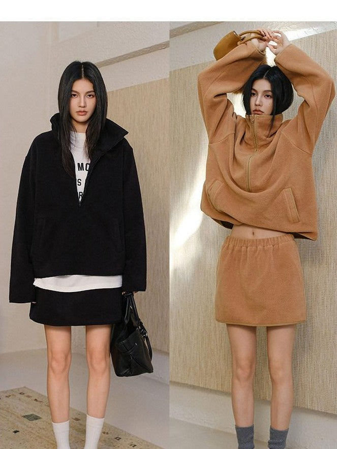 FU FRESH UP Sherpa Fleece High Neck Half Zip High Waist Women&