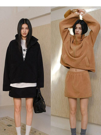 FU FRESH UP Sherpa Fleece High Neck Half Zip High Waist Women&