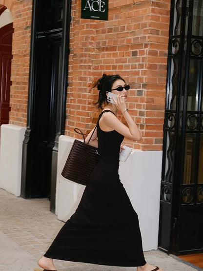 FU FRESH UP Slim U Neck Ribbed Slip Maxi Dress