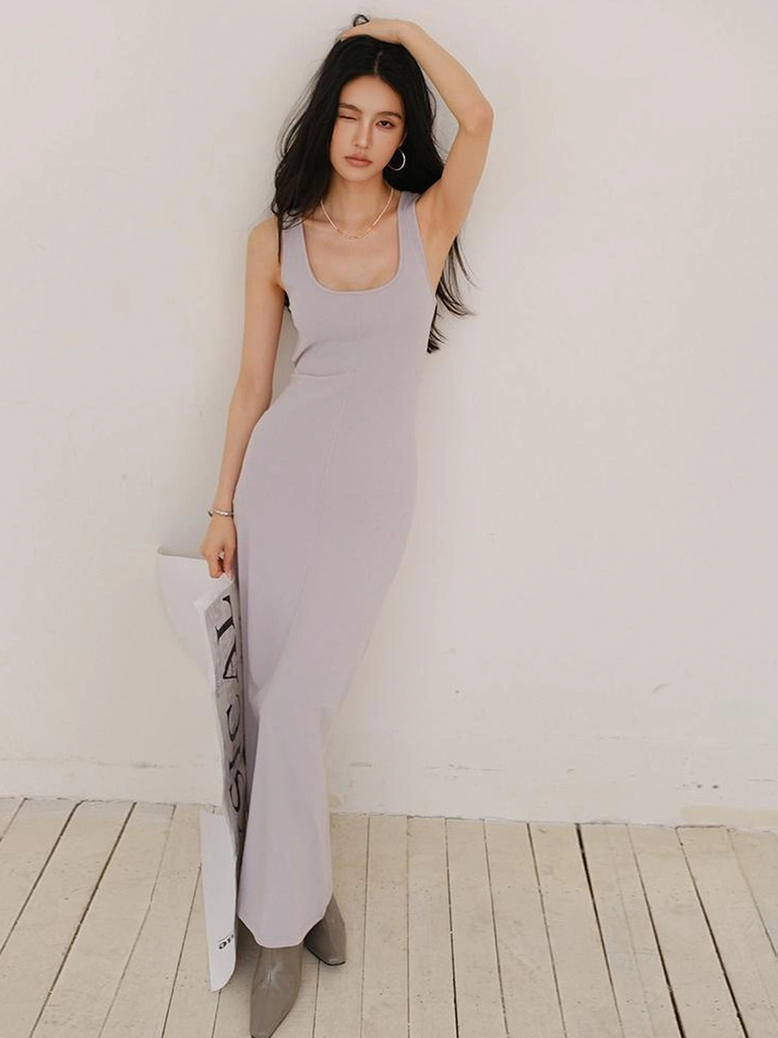 FU FRESH UP Slim U Neck Ribbed Slip Maxi Dress