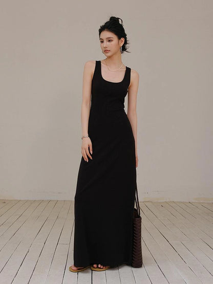 FU FRESH UP Slim U Neck Ribbed Slip Maxi Dress
