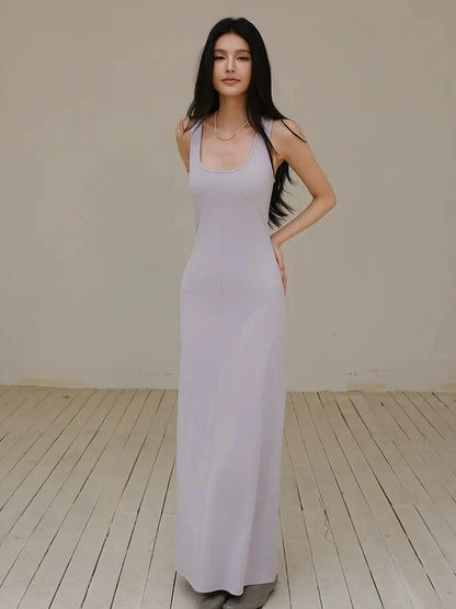 FU FRESH UP Slim U Neck Ribbed Slip Maxi Dress