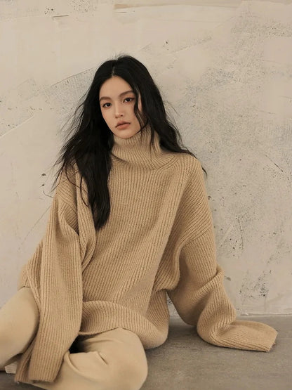 FU FRESH UP Soft Camel Knit High Neck Sweater