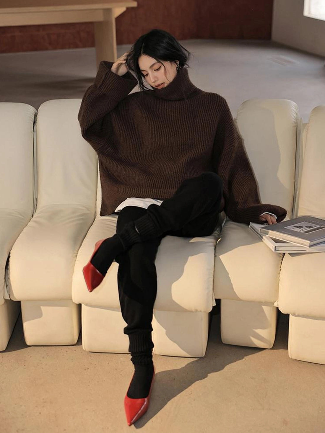 FU FRESH UP Soft Camel Knit High Neck Sweater