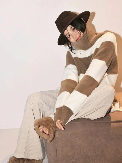 FU FRESH UP Soft High Neck Striped Sweater