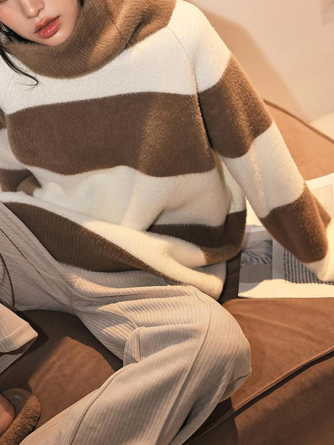 FU FRESH UP Soft High Neck Striped Sweater