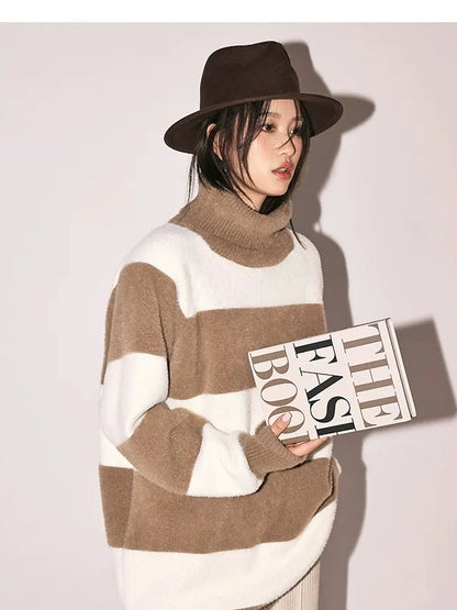 FU FRESH UP Soft High Neck Striped Sweater
