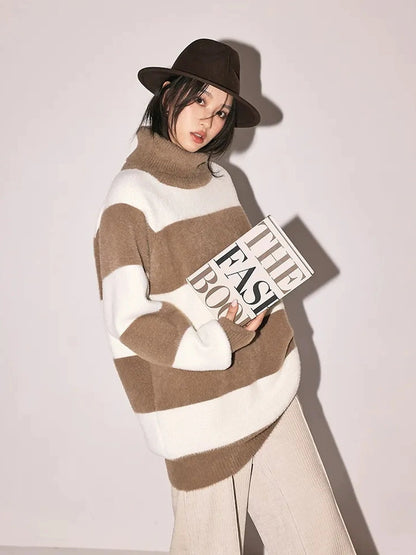 FU FRESH UP Soft High Neck Striped Sweater