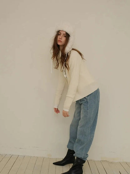 FU FRESH UP Soft Raccoon Wool Blend Cardigan V-neck Long Sleeve