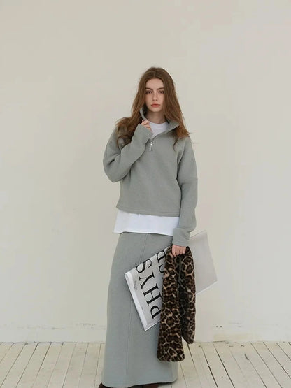 FU FRESH UP Soft Wool Athflow Hoodie Set With Midi Skirt