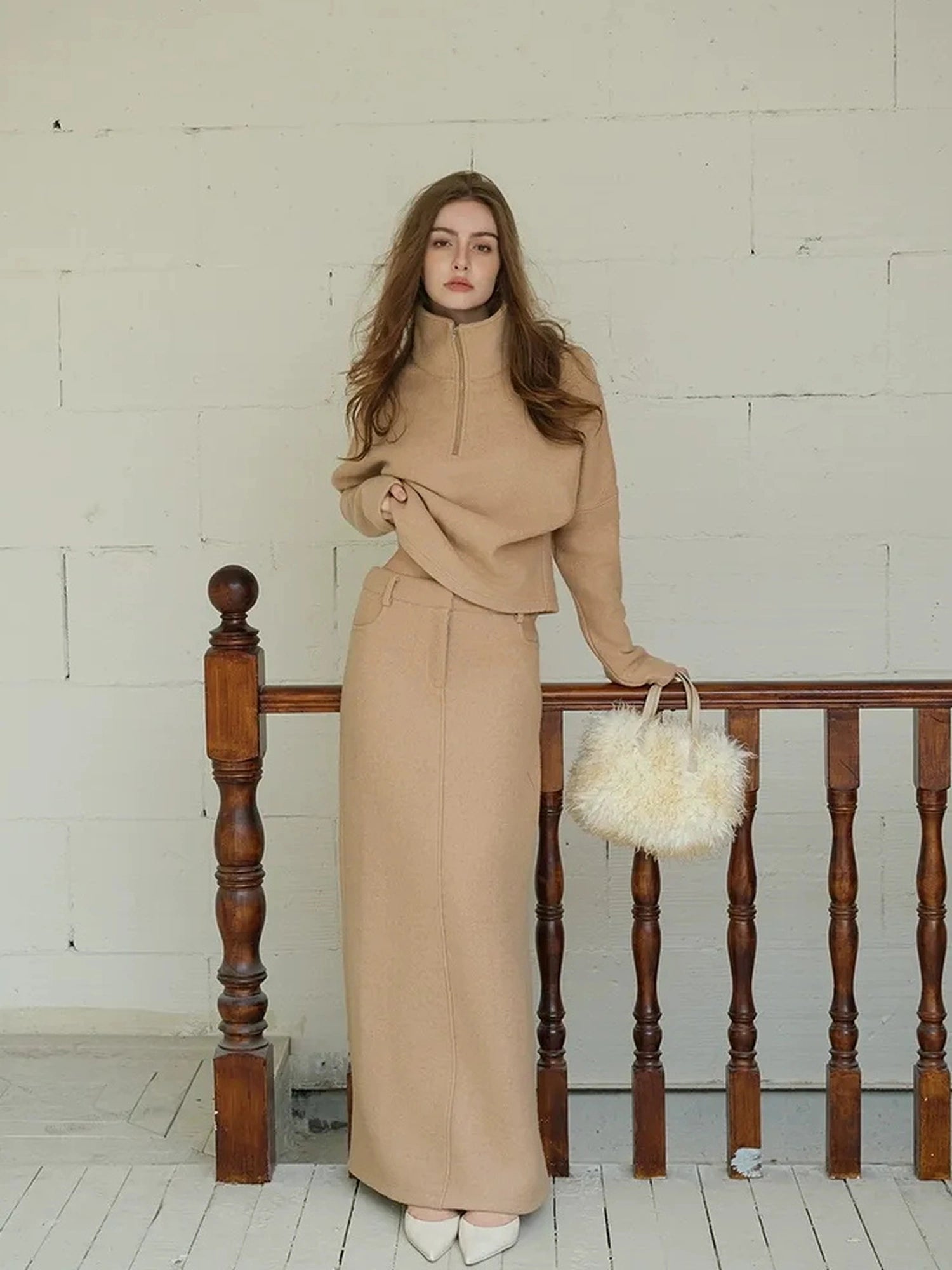 FU FRESH UP Soft Wool Athflow Hoodie Set With Midi Skirt