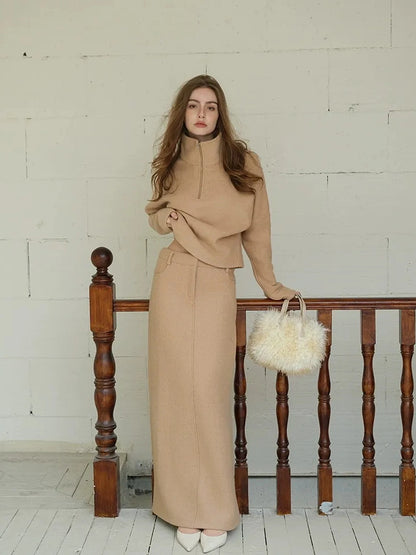 FU FRESH UP Soft Wool Athflow Hoodie Set With Midi Skirt