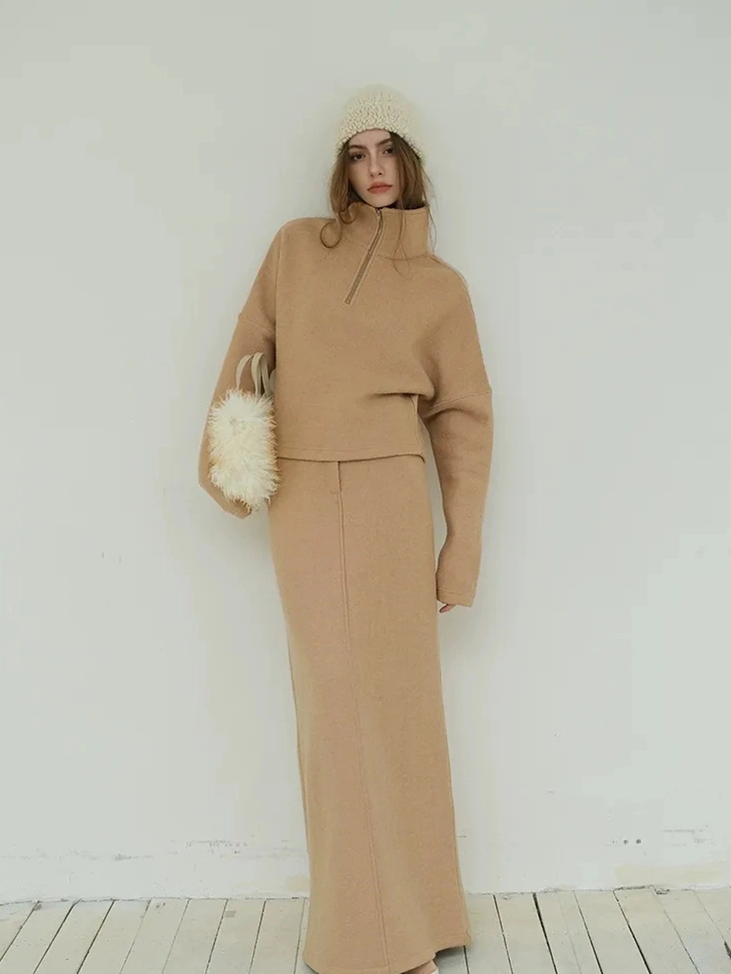 FU FRESH UP Soft Wool Athflow Hoodie Set With Midi Skirt