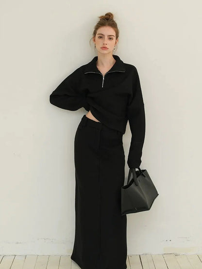 FU FRESH UP Soft Wool Athflow Hoodie Set With Midi Skirt