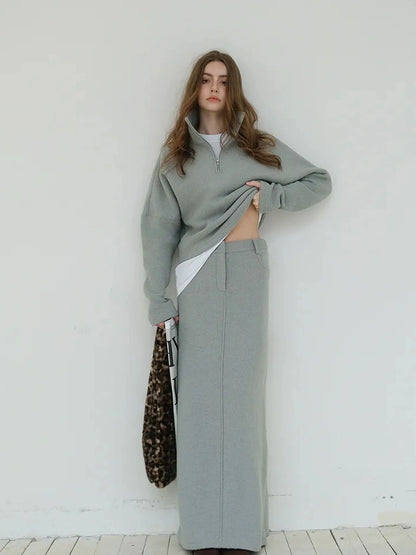 FU FRESH UP Soft Wool Athflow Hoodie Set With Midi Skirt