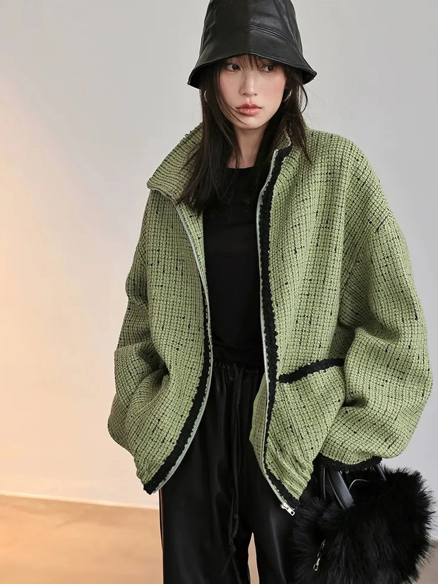 FU FRESH UP Soft Wool Tweed Jacket With Contrast Collar
