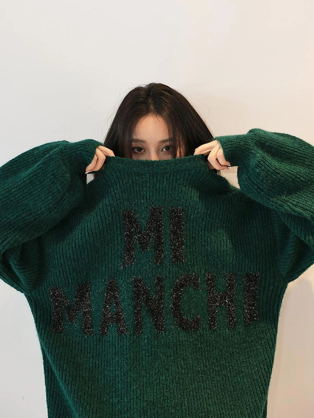 FU FRESH UP Sparkle Letter Mohair Sweater V-neck Long Sleeve T-shirt