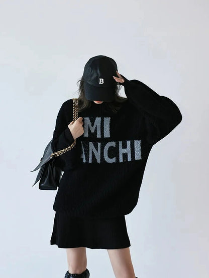 FU FRESH UP Sparkle Letter Mohair Sweater V-neck Long Sleeve T-shirt
