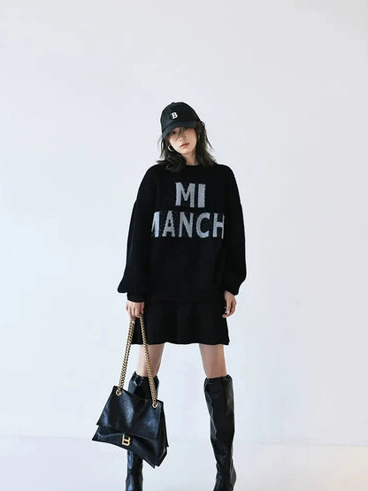FU FRESH UP Sparkle Letter Mohair Sweater V-neck Long Sleeve T-shirt