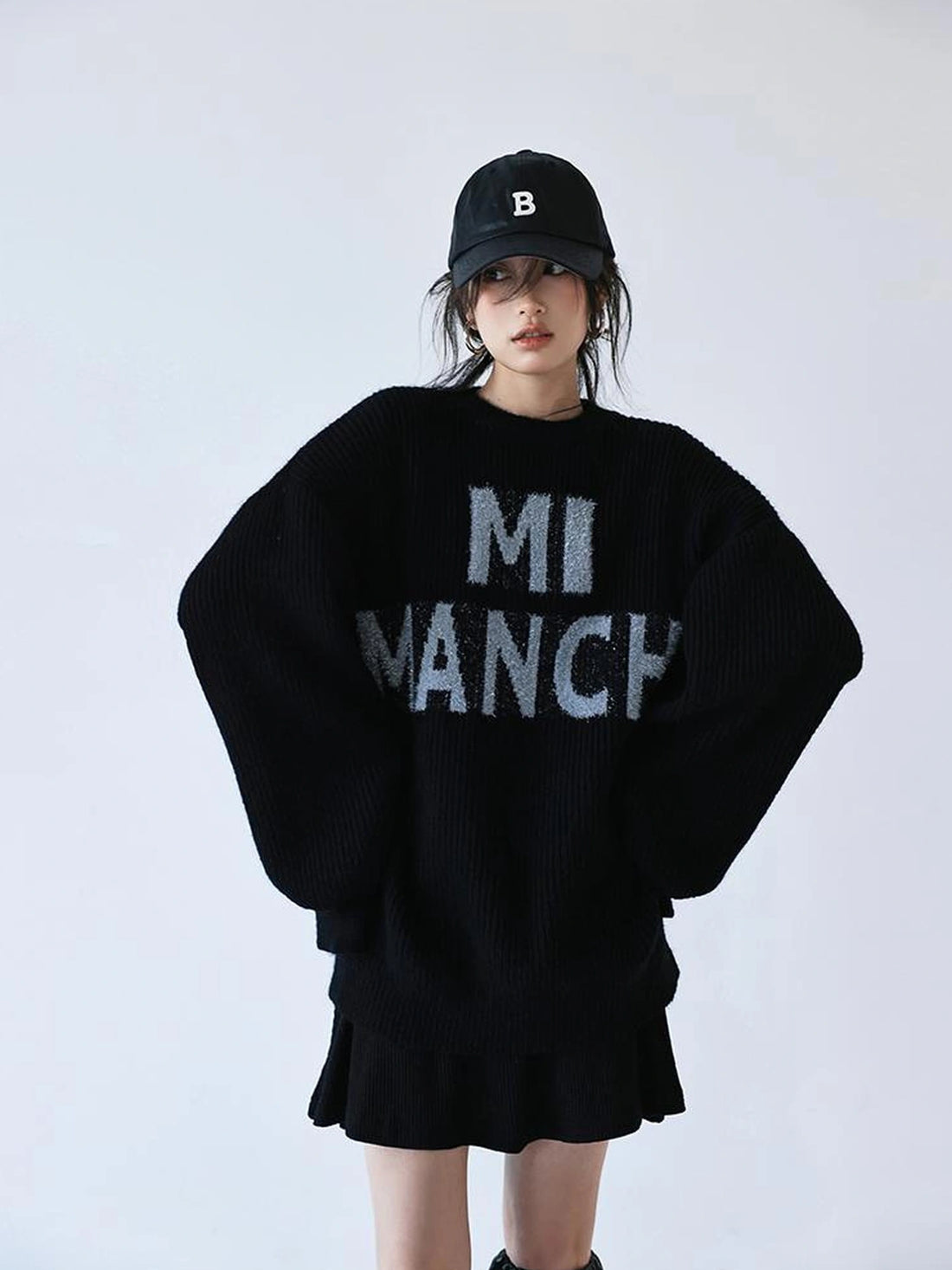 FU FRESH UP Sparkle Letter Mohair Sweater V-neck Long Sleeve T-shirt