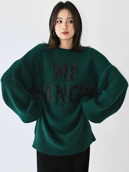 FU FRESH UP Sparkle Letter Mohair Sweater V-neck Long Sleeve T-shirt