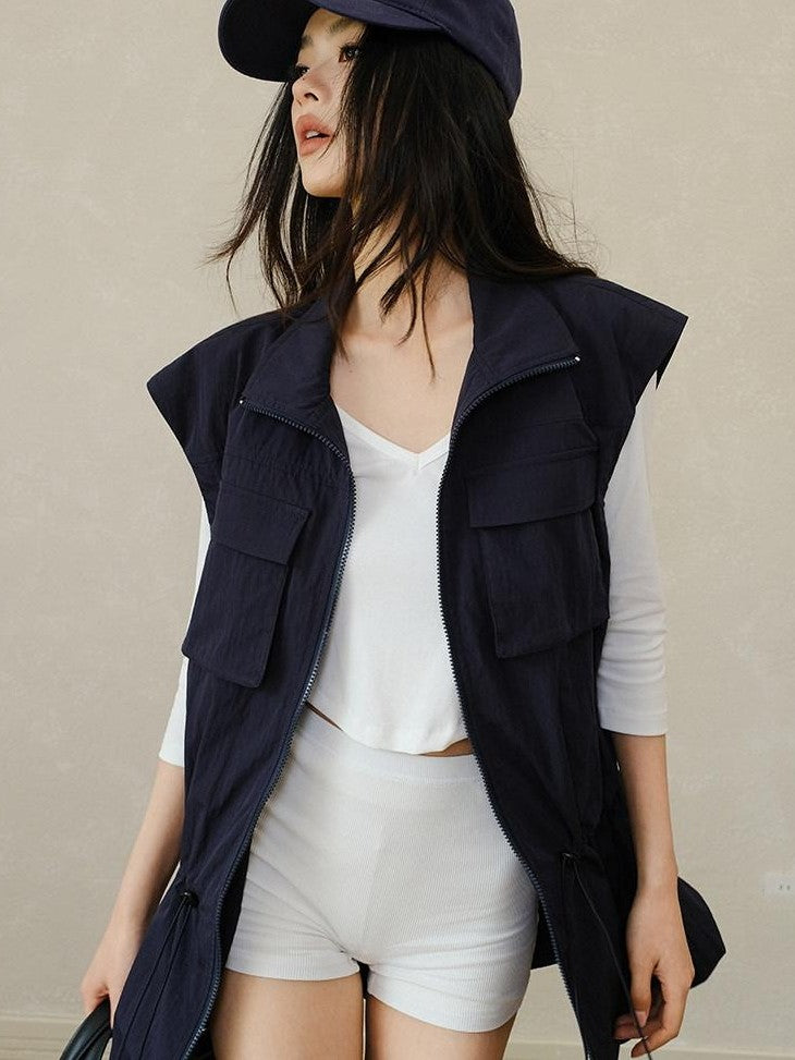 FU FRESH UP Stand Collar Utility Pocket Zip Washed Women&