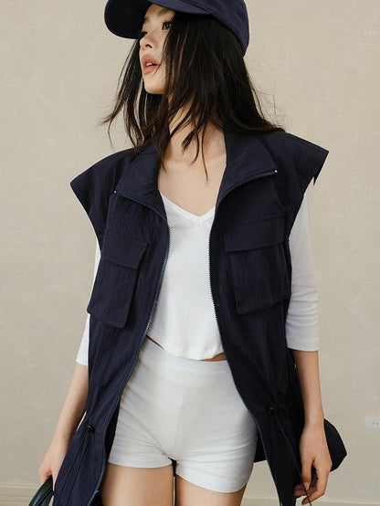 FU FRESH UP Stand Collar Utility Pocket Zip Washed Women&